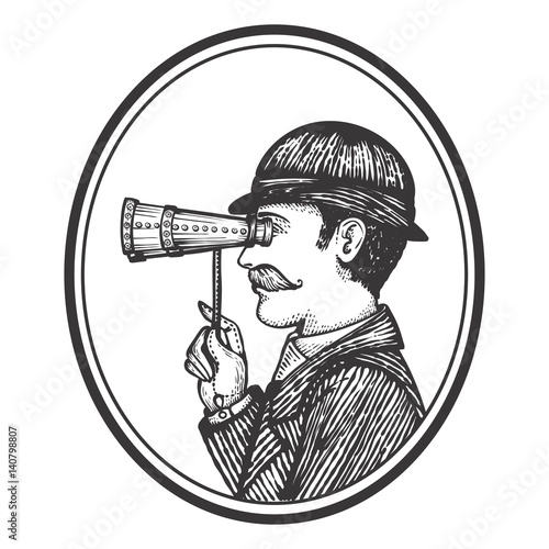 Vector illustration of engraved Victoria gentleman - searching for information concept as a vintage man in oval frame looking through binoculars