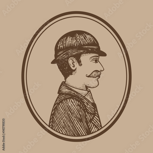 Vector illustration of vintage engraved man in bowler hat and coat, round frame on beige parchment paper, hand drawn clip art.