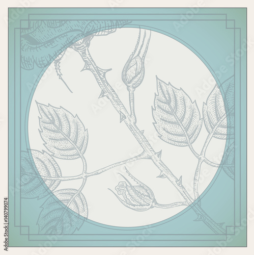 Vintage scrapbooking page with engraved roses and frame, retro vector scrapbooking background gray on blue