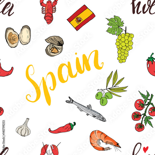 Spain seamless pattern doodle elements, Hand drawn sketch spanish food shrimps, olives, grape, flag and lettering. vector illustration background.