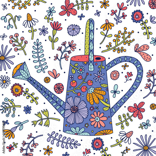 Spring card with flowers and a watering can.