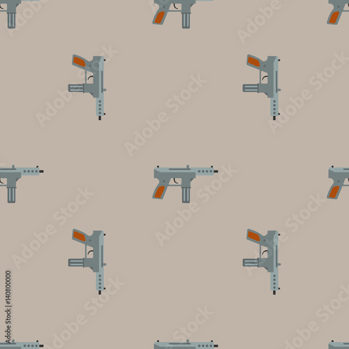 Submachine gun security and military weapon. Metal automatic gun. Seamless pattern, tiling ornament vector illustration