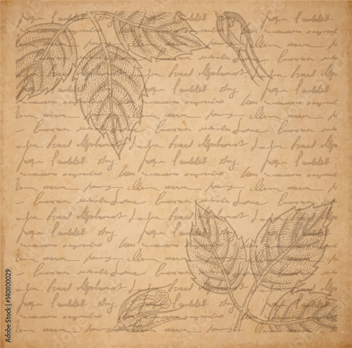 Vintage old paper texture engraved slyle rose twig and handwriting letter poems background, scrapbooking victorian style page, hand drawn vector illustration