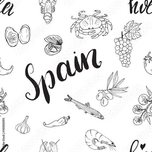 Spain seamless pattern doodle elements, Hand drawn sketch spanish food shrimps, olives, grape, flag and lettering. vector illustration background.