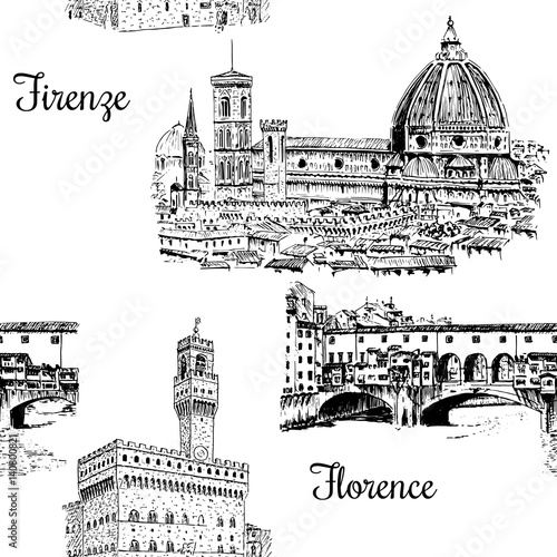 Set of Florence symbols seamless pattern vector set. Duomo Santa maria del fiore, Palazzo Vecchio, Ponte Vecchio bridge