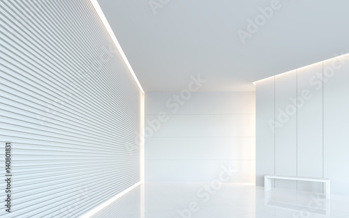 Empty white room modern space interior 3d rendering image.A blank wall with pure white. Decorate wall with extrude horizon line pattern and hidden warm light
