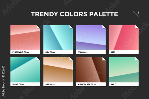 Set of colorful trendy gradient template. Collection palette of color metallic gradient illustrations with gloss for backgrounds, textures. Trendy colors palettes of new season. Vector Illustration