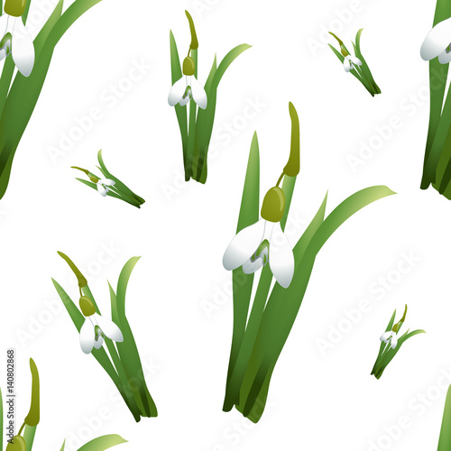 Wallpaper Mural Seamless pattern with snowdrops flowers with green stems and leaves different sizes. White background. Vector illustration Torontodigital.ca