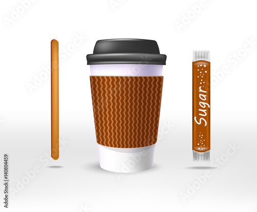 Paper cup of coffee in the kraft bag and a stirrer, a sugar stick, a plastic black cover. Vector illustration.
