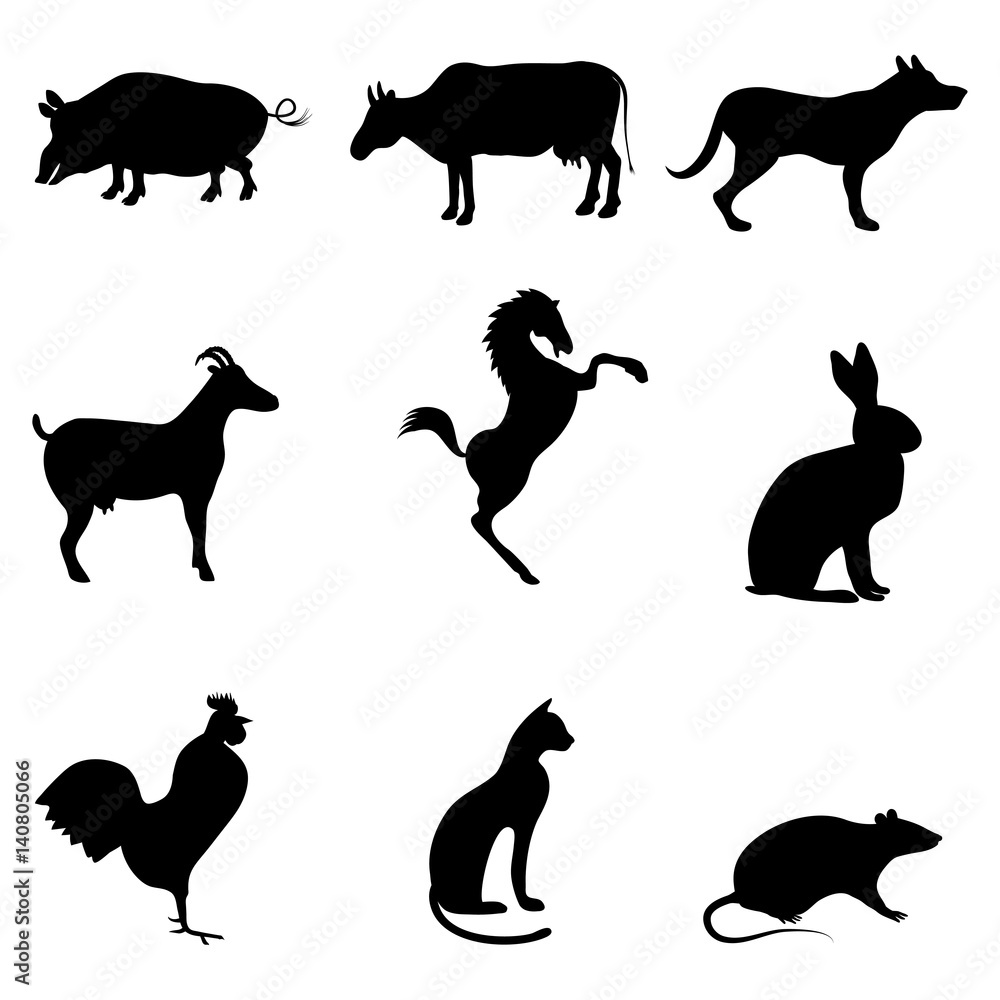 A set of silhouettes of pets. A goat, a rabbit, a horse, a dog, a cock, a cat, a rat or a mouse, a pig, a cow are drawn