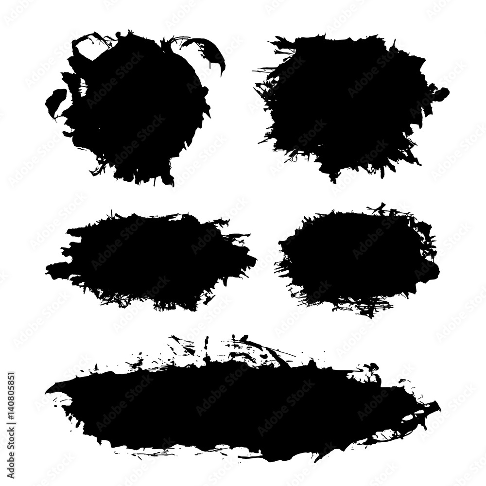 Hand drawn abstract black paint brush strokes, box, round, , circle, border. Vector set of shapes, frames isolated on white background.
