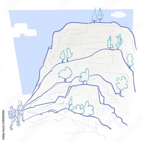 Goal strata. A man and a woman with hiking/climbing gear consider their options as the gaze at several levels of a rock face.
