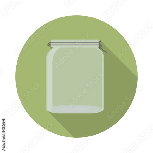 flat vector closed transparent glass jar with lid icon with long shadow in to green round geometric shape as zero waste, bpa and plastic free concept