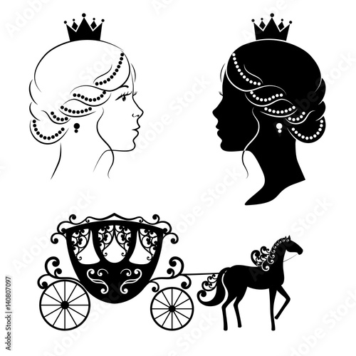 Profile silhouette of a princess and carriage.