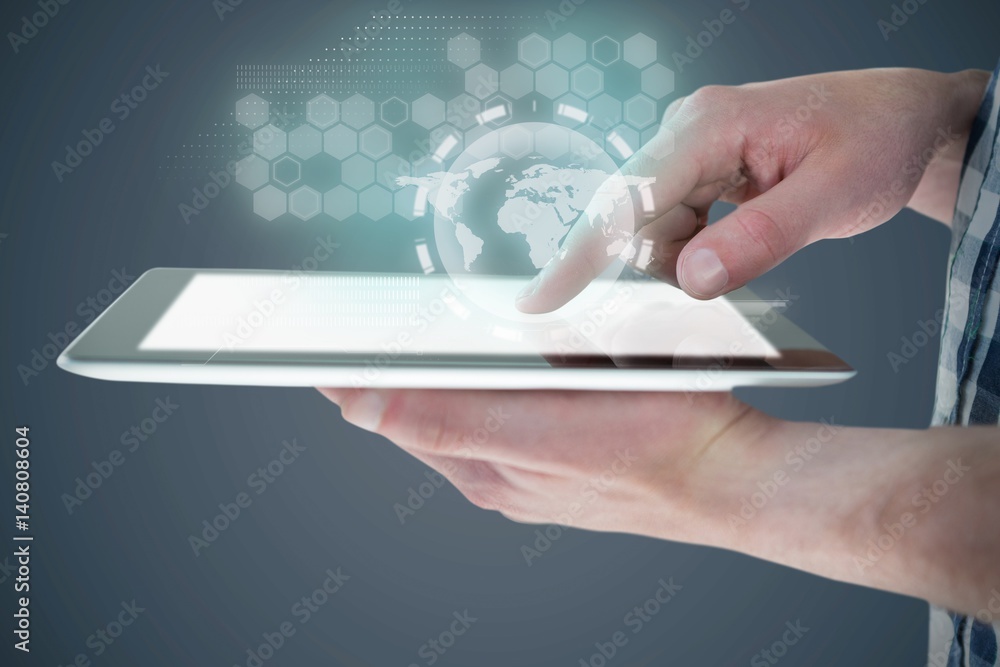 Composite image of cropped image of man using digital tablet Composite image of cropped image of man using digital tablet