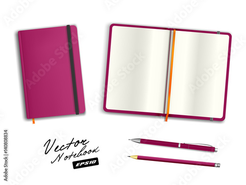Blank purple open and closed copybook template with elastic band and bookmark. Realistic stationery blank purple pen and pencil. Notebook Vector illustration isolated on white background.

