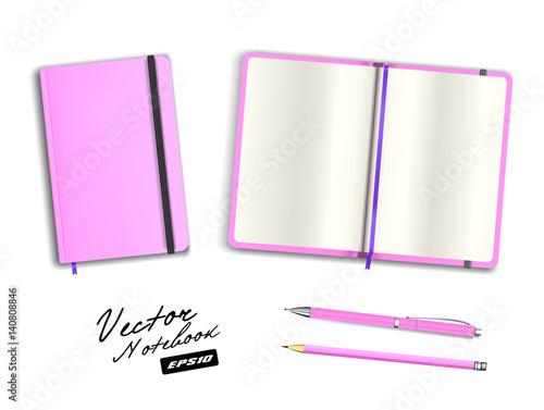 Blank pink open and closed copybook template with elastic band and bookmark. Realistic stationery blank pink pen and pencil. Notebook Vector illustration isolated on white background.
