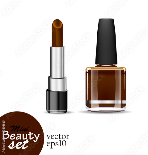 Realistic cosmetic products. One tube lipstick and one bottle nail polish are saturated brown color isolated on a white background. Vector illustrations mini beauty set.
