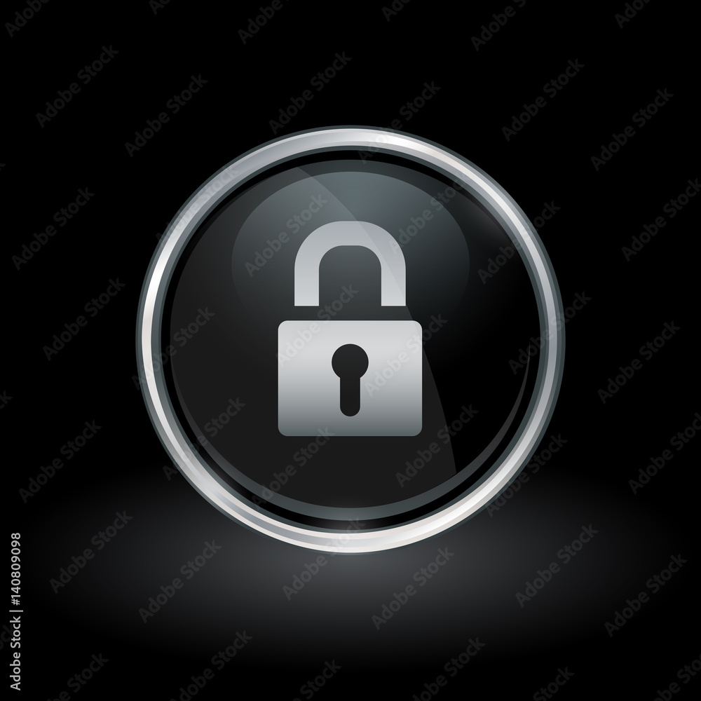 Security symbol with padlock icon inside round chrome silver and black button emblem on black background. Vector illustration. Security symbol with padlock icon inside round chrome silver and black button emblem on black background. Vector illustration.