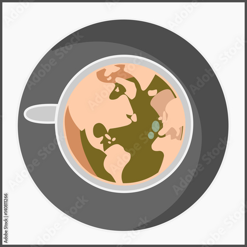 World of Cappuccino Coffee. A cup of latte, cappuccino or espresso coffee with milk put on gray background. Drawing the world with milk on top