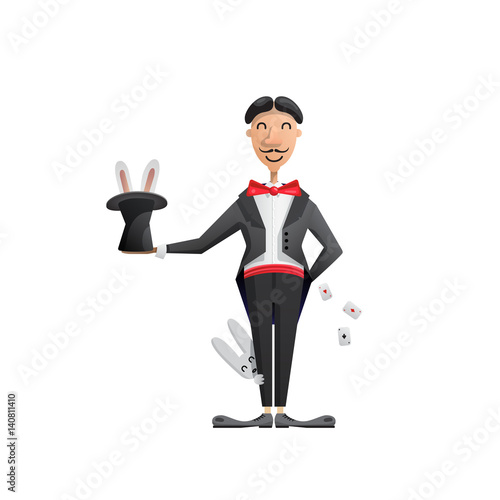 Vector illustration of a magician who shows the show with rabbit in the hat and playing cards, painted in flat cartoon style