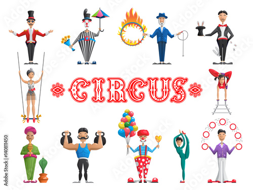 The set circus performers-creating a circus show in the arena, narisovana in flat cartoon style isolated on white background