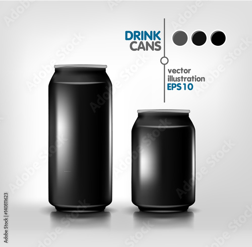 black metal aluminum beverage drink cans 500 ml and 330 ml for beer, soda, water, energy, alcohol. Product packing mock up template for design. Vector illustration
