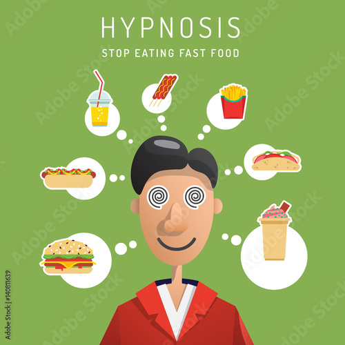 The man who was introduced to hypnosis and convinced of the correctness of a healthy diet and the dangers of fast food on his body. Vector illustration in flat style