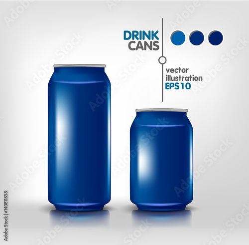 blue metal aluminum beverage drink cans 500 ml and 330 ml for beer, soda, water, energy, alcohol. Product packing mock up template for design. Vector illustration
