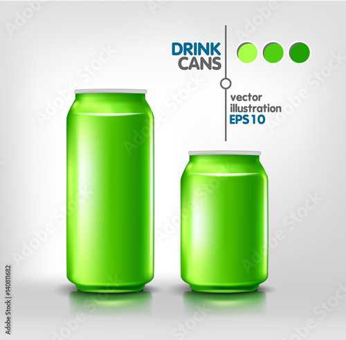 
Green metal aluminum beverage drink cans 500 ml and 330 ml for beer, soda, water, energy, alcohol. Product packing mock up template for design. Vector illustration
