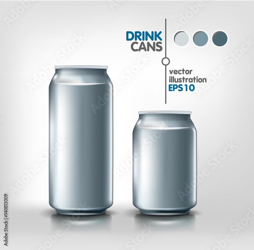 silver metal aluminum beverage drink cans 500 ml and 330 ml for beer, soda, water, energy, alcohol. Product packing mock up template for design. Vector illustration
