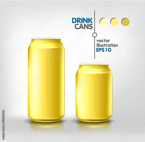 Yellow metal aluminum beverage drink cans 500 ml and 330 ml for beer, soda, water, energy, alcohol. Product packing mock up template for design. Vector illustration
