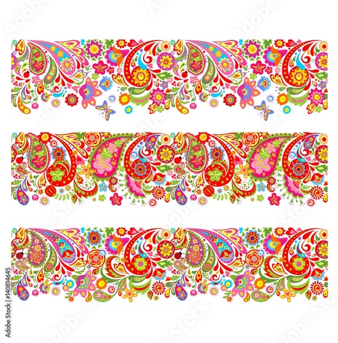 Summery seamless borders with decorative colorful flowers print
