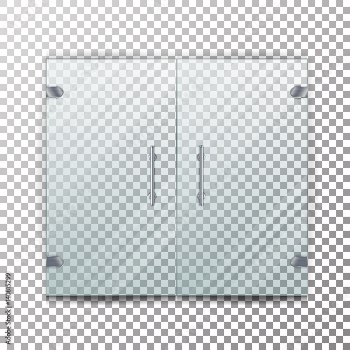 Glass Door Transparent Vector. Realistic Store Glass Door For Market And Fashion Boutique On Checkered Background