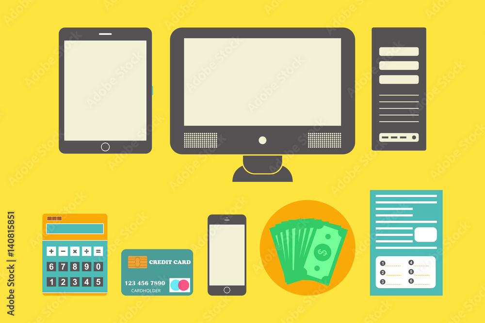 Electronic devices and money, paper sheet, credit card. Electronic devices and money, paper sheet, credit card.