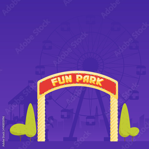 Entrance to the amusement park. Circus carousel and a ferris wheel in the background. Vector illustration
