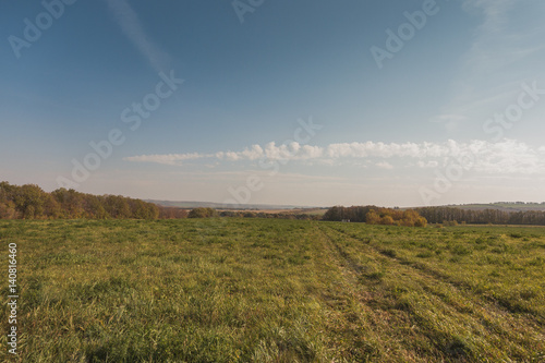 Countryside landscape with meadow and haystacks - autumn outdoor
