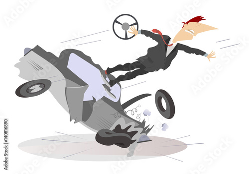 Road accident isolated. Man with a steering wheel flies out from a crashed car
