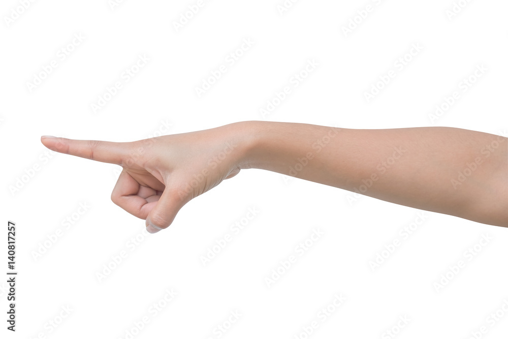 a woman show right side hand show forefinger/index finger, correct, pointing, shoot. isolated on white background. a woman show right side hand show forefinger/index finger, correct, pointing, shoot. isolated on white background.