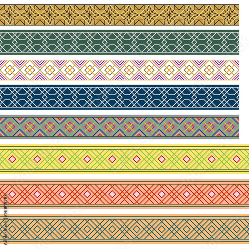 Set of seamless geometric color borders. Pattern brushes are included in vector file. 