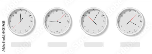 The Four clock faces with the different time and empty signs below vector illustration.