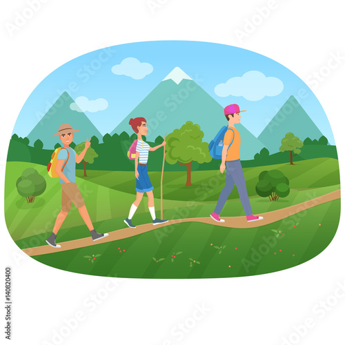 Cheerful group of tourists walking on the road near the mountains vector illustration.