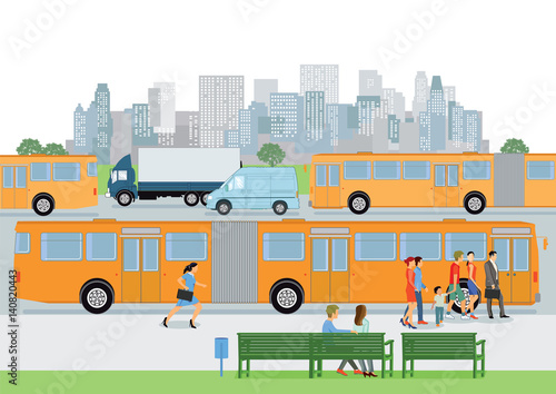 Haltestelle mit Linienbus und Fahrgästen