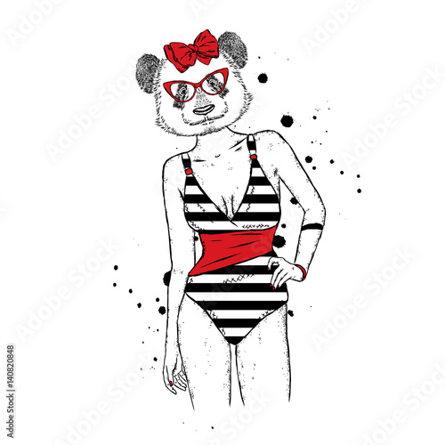 A slender girl with a panda head, dressed in a swimsuit. Yorkshire Terrier. Vector illustration for a postcard or a poster. Print on clothes.
