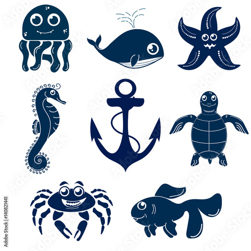 Set of sea creatures: octopus, whale, starfish, seahorse, anchor, turtle, crab, fish. Vector icons. The isolated image. This is for video mobile applications web sites print projects