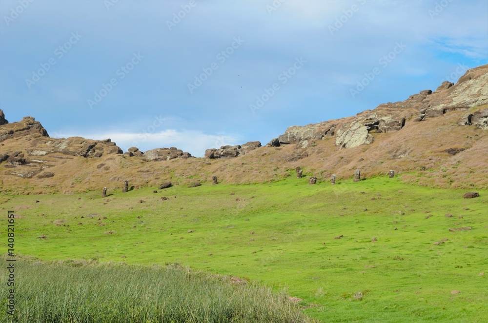 Different impressions of Rano Raraku in Easter Island, Rapa Nui, Chile, South America