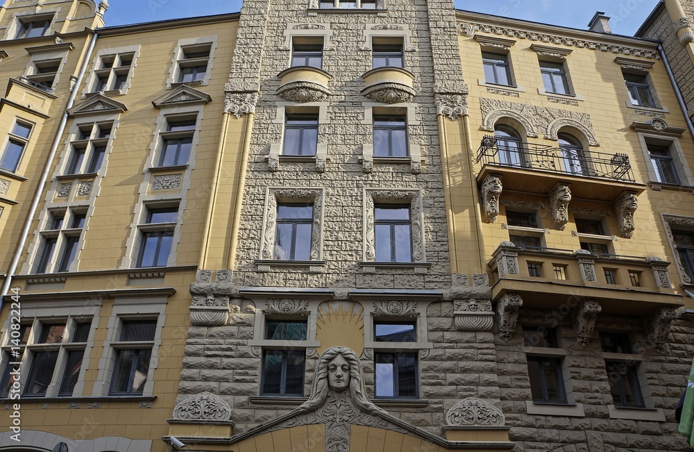 Riga, Jauniela 25-27, architect Wilhelm Bockslaff, Art Nouveau, National Romanticism (1903), elements of architecture.