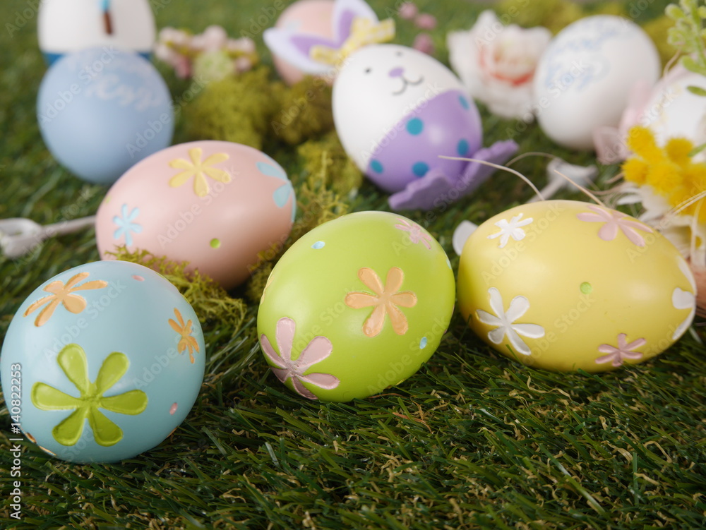 Colorful Easter Eggs on grass background