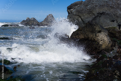 Pacific waves crash along a rocky coastline in Northern California