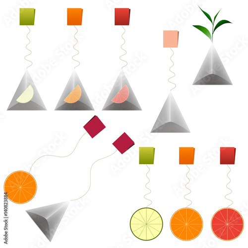 Green, black tea bags. Fruit tea. Clipart set.